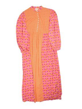 Maria de la Orden Long Sleeve Maxi Dress in Orange Pink Print